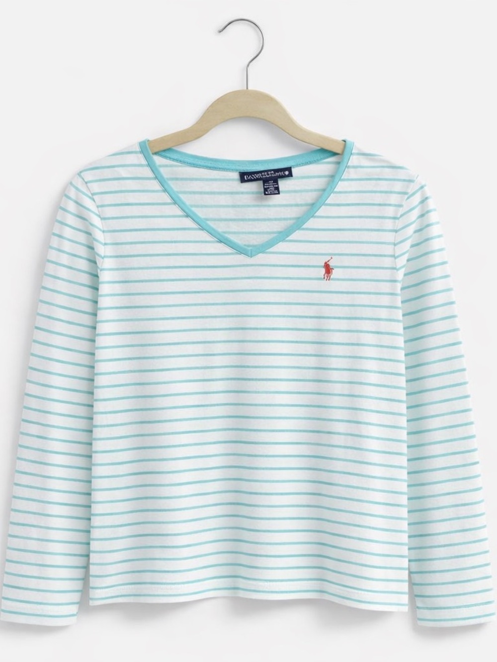 Ralph Lauren White Tee with Light Blue Stripes and Orange Logo